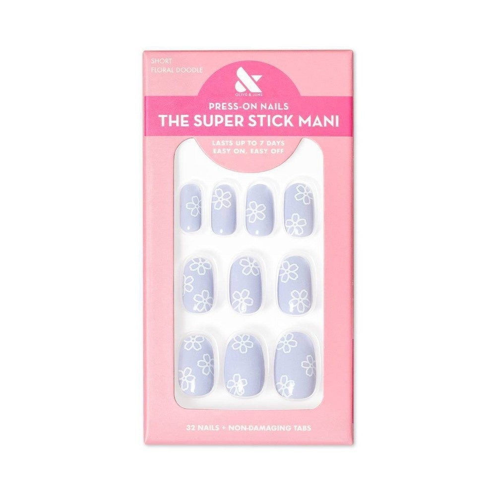 Olive & June Floral Doodle S Round Fake Nails, 32ct