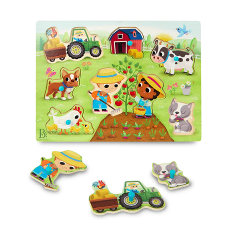 B. Toys- Peek & Explore - Barnyard- Wooden Peg Puzzle - Farm Puzzle for Toddlers  Kids - 8 Barnyard Pieces - Barn  Animals  Farmers & More - 2 Years +