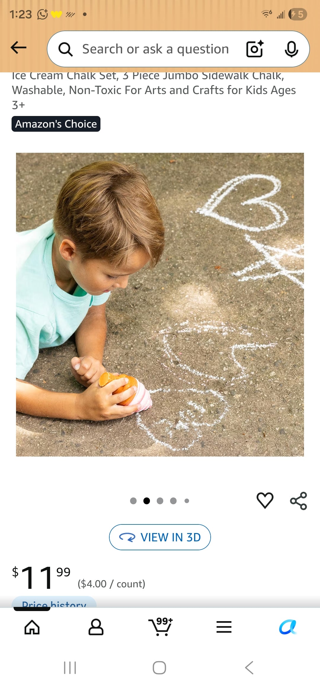 Ice Cream Chalk Set, 3 Piece Jumbo Sidewalk Chalk, Washable, Non-Toxic For Arts and Crafts for Kids Ages 3+