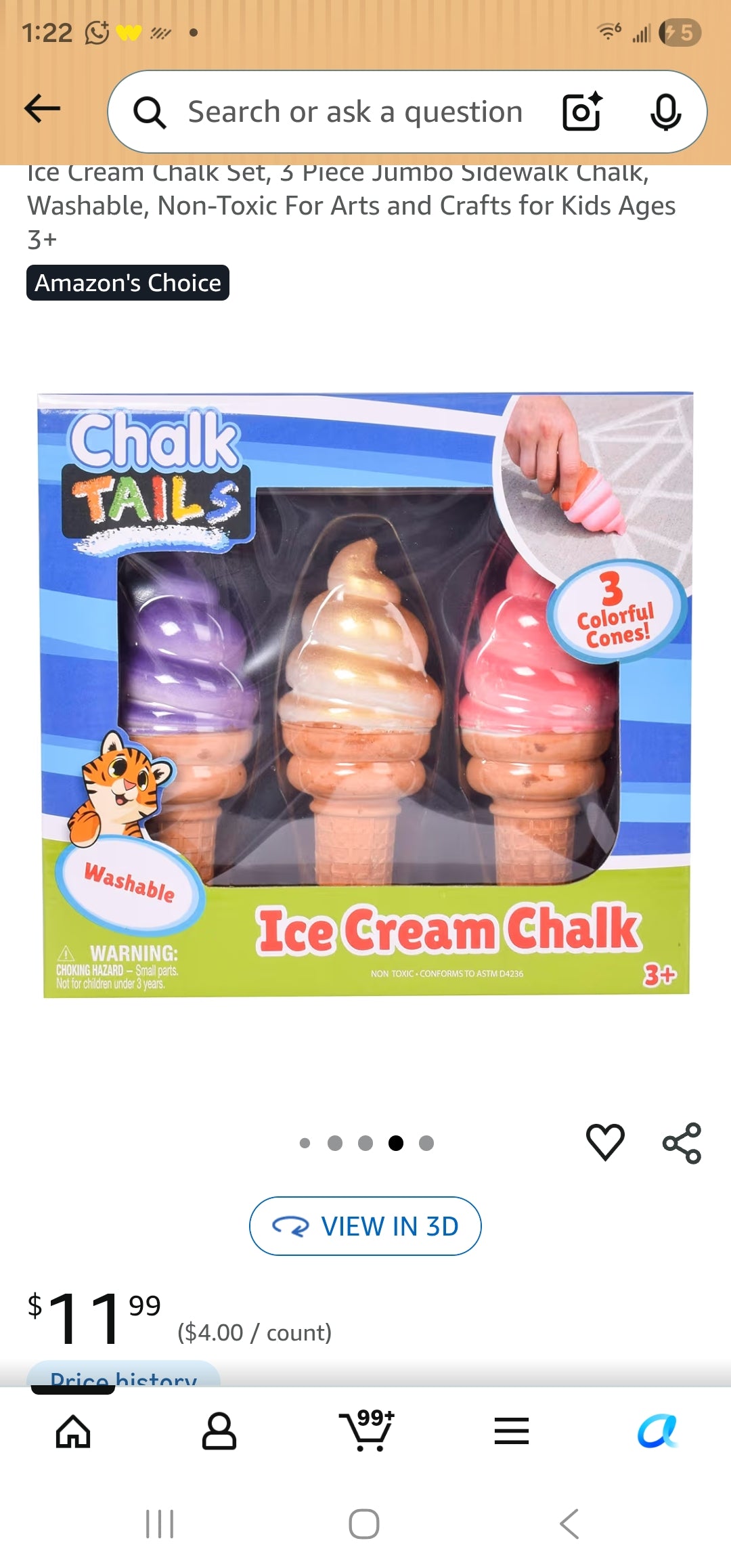 Ice Cream Chalk Set, 3 Piece Jumbo Sidewalk Chalk, Washable, Non-Toxic For Arts and Crafts for Kids Ages 3+